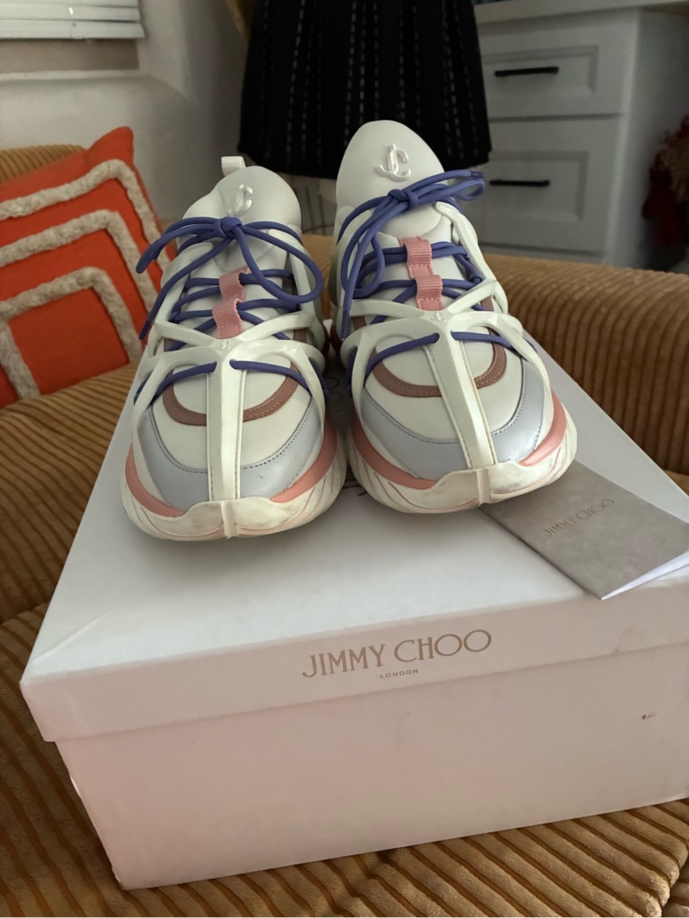 Jimmy Choo Cream Sneakers with Pink & Blue Accents - Picture 3 of 9